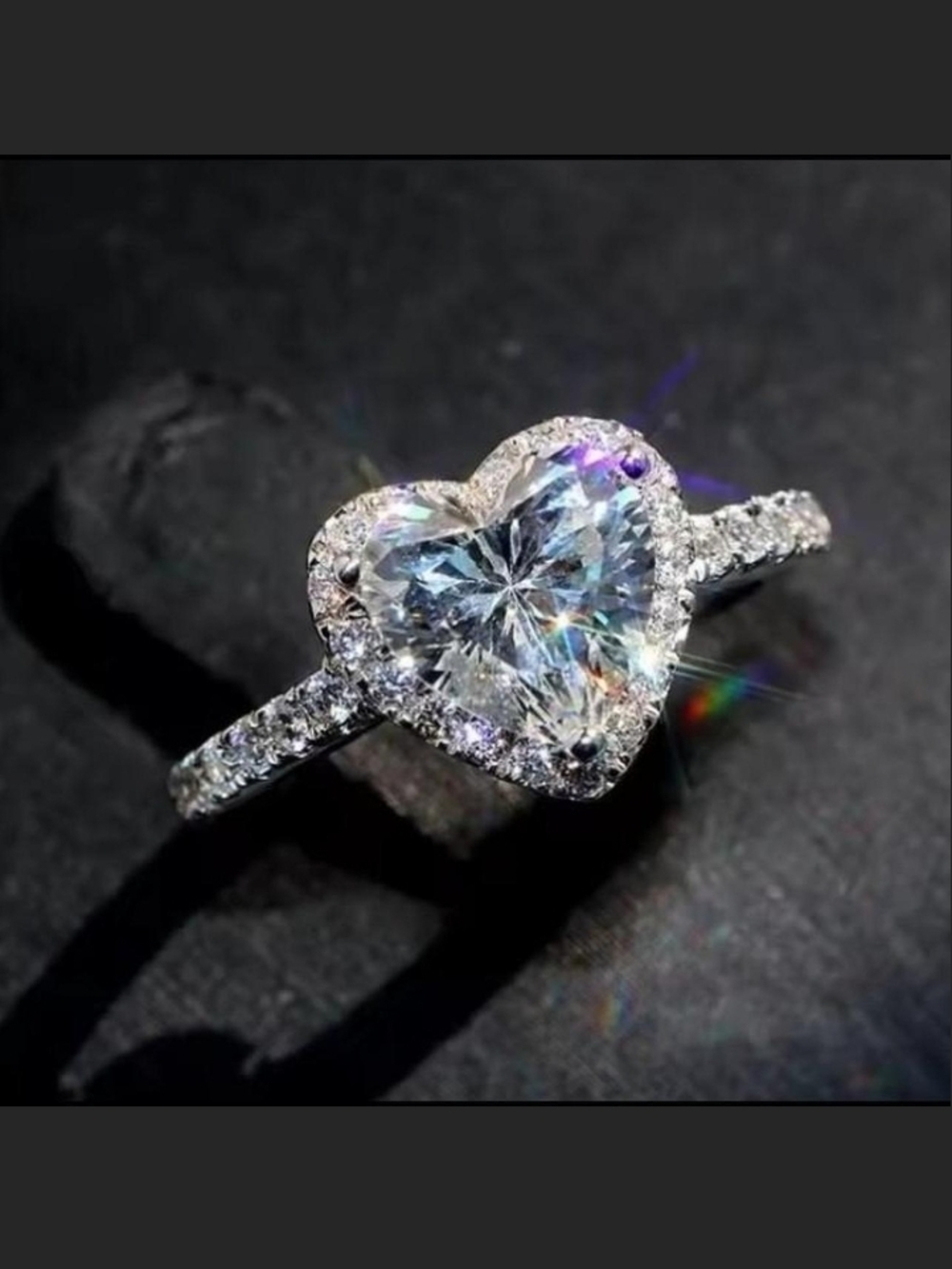 Heart-Shaped White Crystal Halo Ring with Pavé Band - Women Jewelry